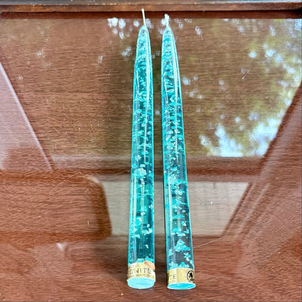 Vintage MCM Blue Lucite Taper Candles Silver Flecks Pair, Pilliar Candlesticks